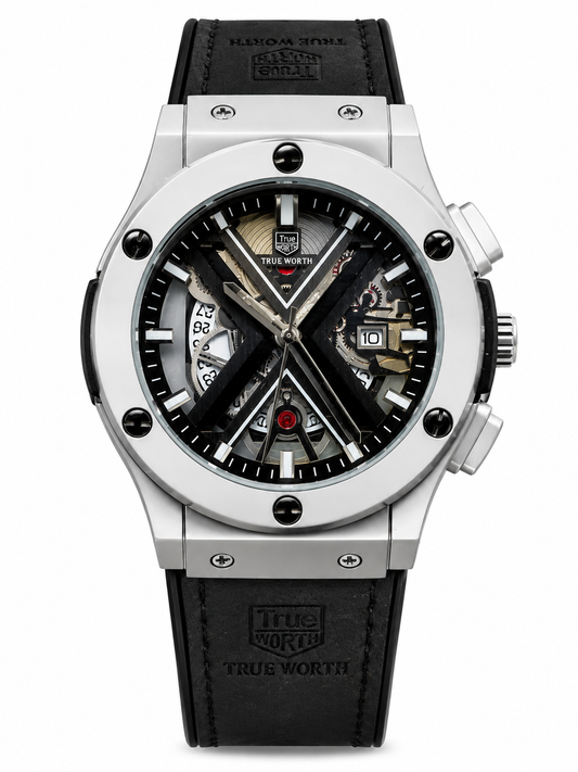 True Worth R4053 Skeleton Watch – Black & Silver (2 dials)
