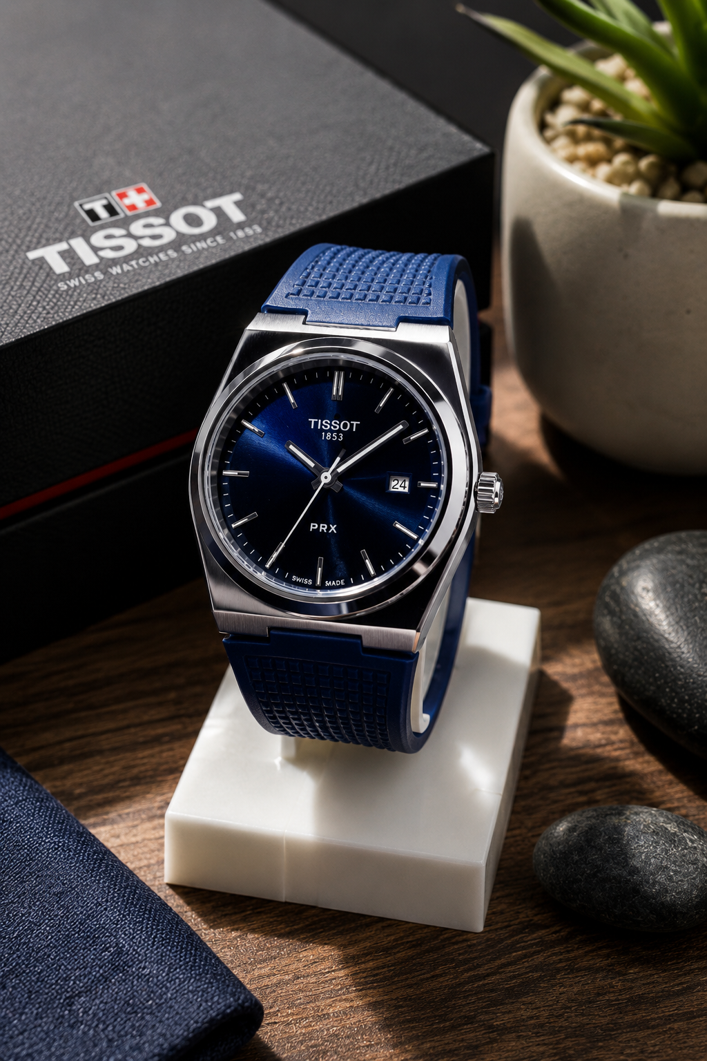 Tissot PRX Blue Dial/ Brown Textured Dial Rubber Strap Watch