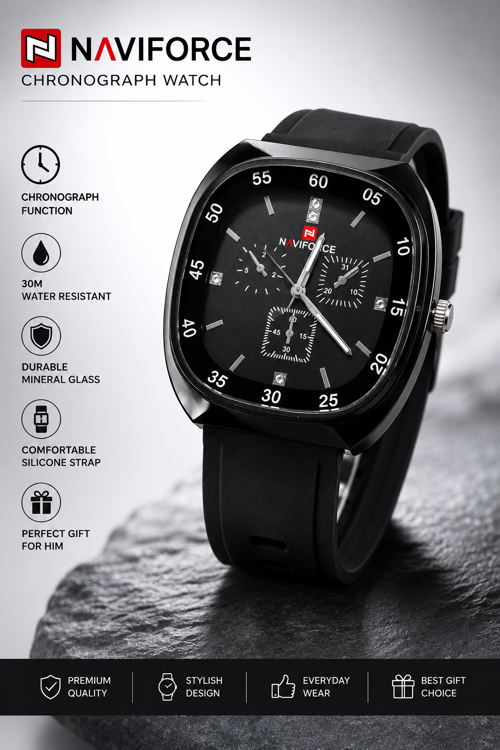 Naviforce Black Square Chronograph Watch